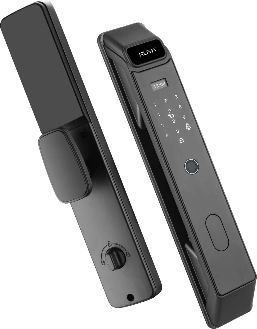 The RUVA E30 smart lock, front and rear panels shown together, with a lit keypad and round fingerprint reader
