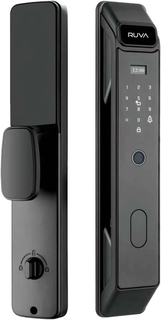The E30 straight on: the indoor panel with its thumb-turn beside the outdoor panel, showing the time display, lit keypad and round fingerprint reader